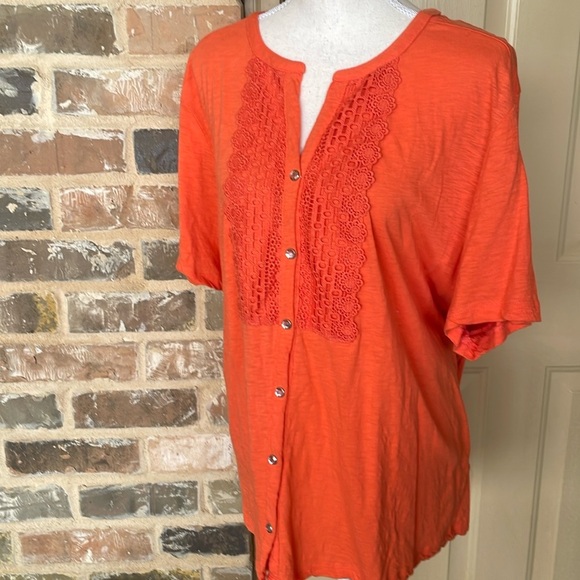 Plus Size 3X Onque Crochet Appliqué Y-Neck Rhinestone Button Orange Cotton Tunic - Picture 5 of 10